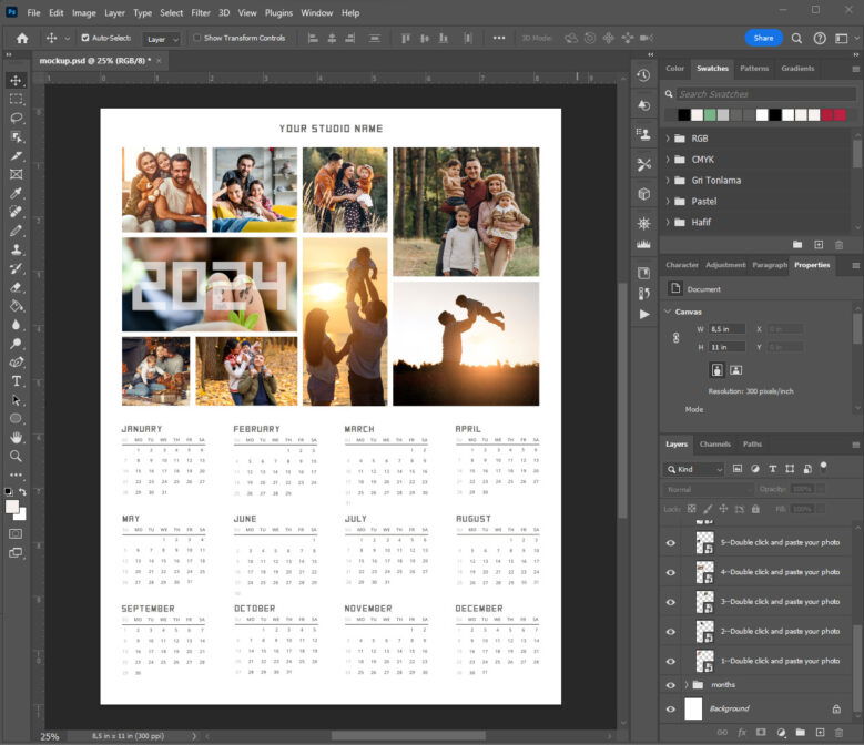 2024 Calendar Template with Photo Collage, Printable Year Calendar, Wall Calendar, Desk Calendar, Letter Size Calendar, Canva Calendar, Photoshop 4